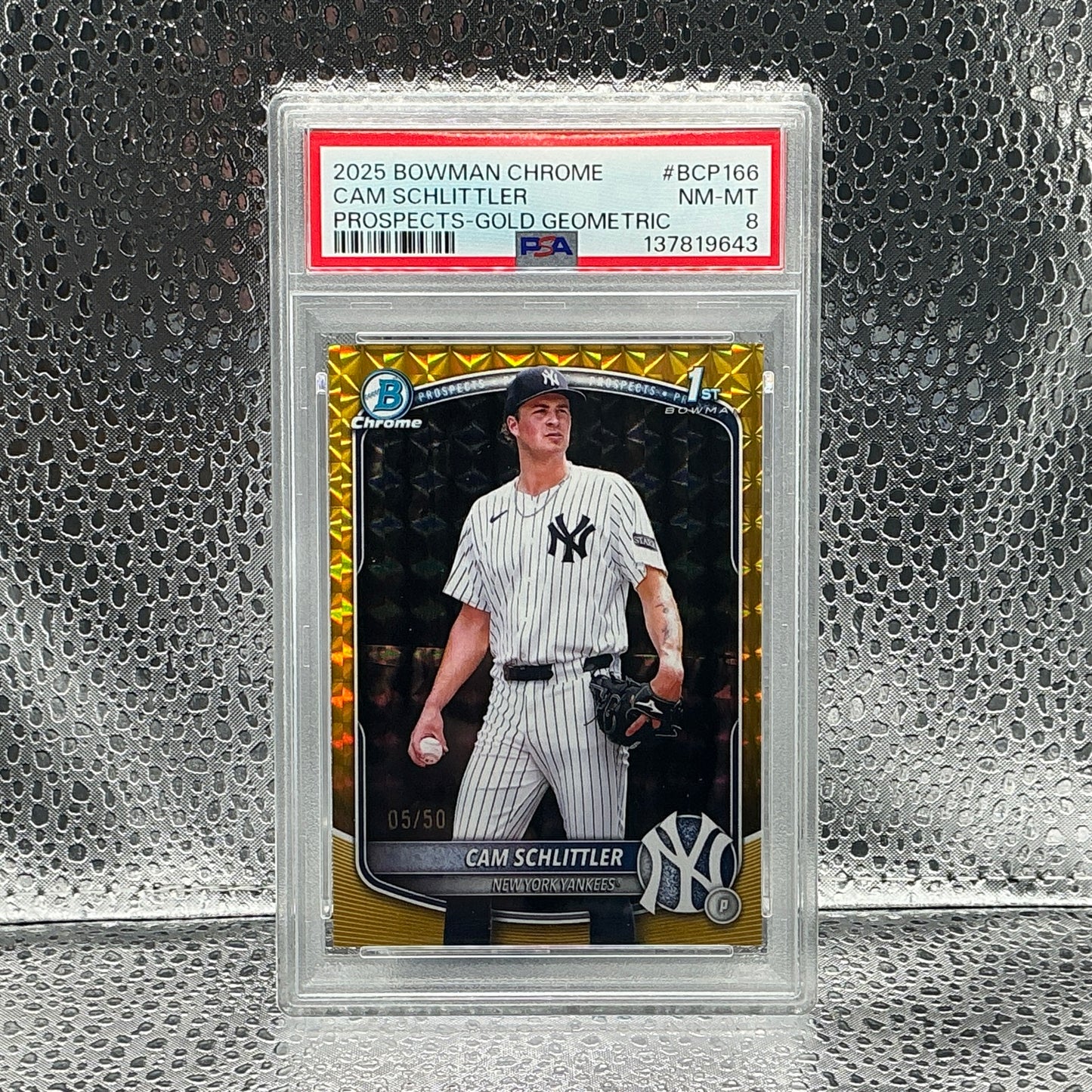 2025 Bowman Chrome Cam Schlittler Gold Geometric /50 Pop 3 PSA 8